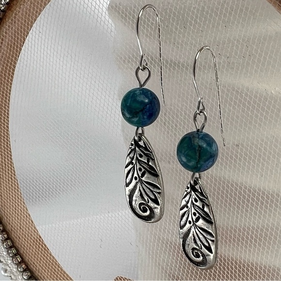 BLUE Peacock Turquoise Earrings with Teardrop Silver Charms - Picture 12 of 12